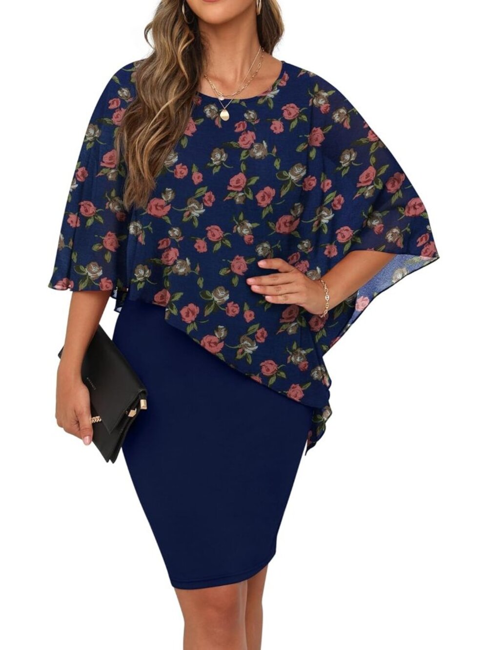Women's Summer Casual Loose Navy Blue Knee Length Chiffon Flowy Elegant Dress